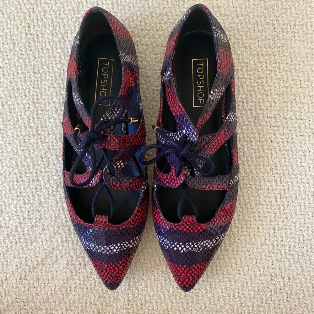 Topshop Snake Print Pointed Ballet Lace- Up Flats